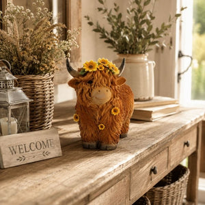 Highland Cow Decorative Figurine with Sunflower Crown Styled on Farmhouse Entryway Console Table