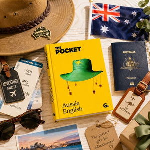 Pocket Aussie English gift mockup with Australian hat, passport, travel tickets, luggage tags, and souvenir items