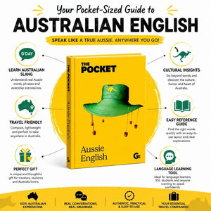 Pocket Aussie English infographic highlighting Australian slang learning, travel-friendly design, and cultural insights
