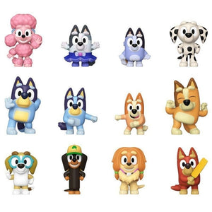 Complete Bluey Mystery Minis character collection including Bluey, Bingo, Muffin, Bandit, Chilli, Rusty, Socks and friends.
