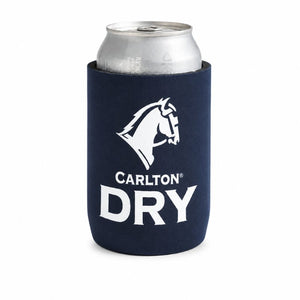 A navy blue neoprene can cooler sleeve with a white horse logo and the text 'CARLTON DRY' on the front, holding a silver aluminum can against a plain white background.