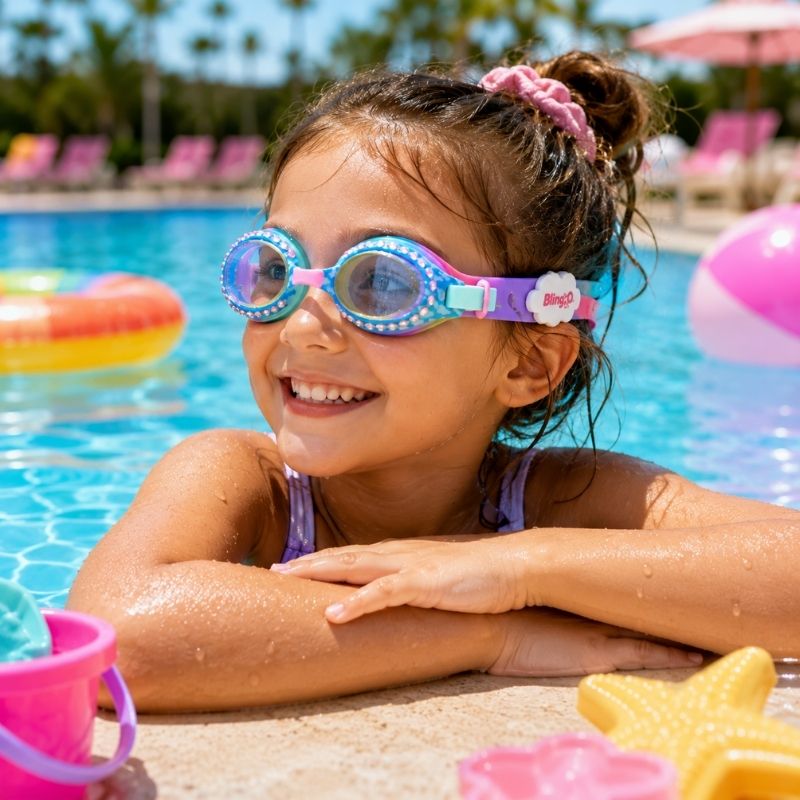 Child wearing Cloud Blue Sunny Day Swim Goggles while enjoying a sunny day at the swimming pool.