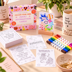 Journey of Something Adult Affirmation Cards styled on a bright self-care desk with markers and wooden stand