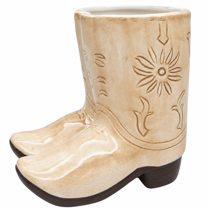 Tan ceramic cowboy boot planter with embossed Western design