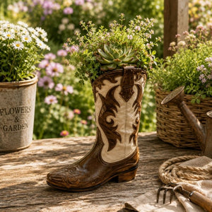 Cowboy boot pot holder used as a decorative garden planter among blooming flowers and natural greenery in a cottage garden setting.