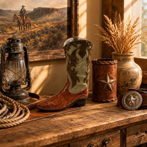 Cowboy boot pot holders displayed on a rustic ranch-style console table with vintage lanterns, rope décor, and western accents.