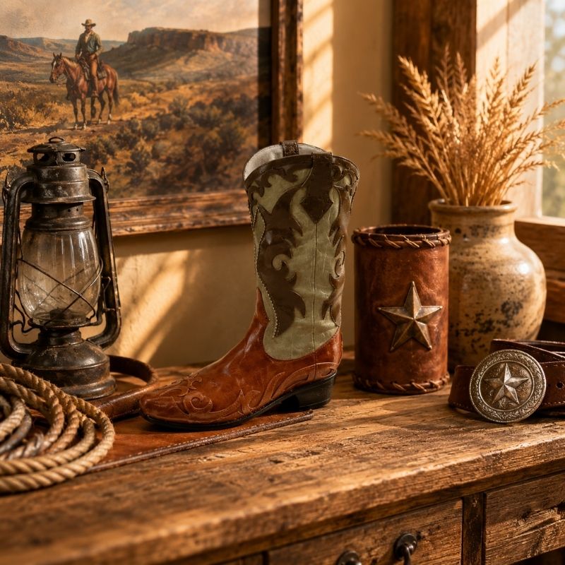 Cowboy boot pot holders displayed on a rustic ranch-style console table with vintage lanterns, rope décor, and western accents.