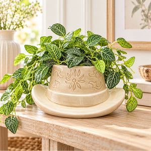 Cowboy hat ceramic planter styled with trailing green plant