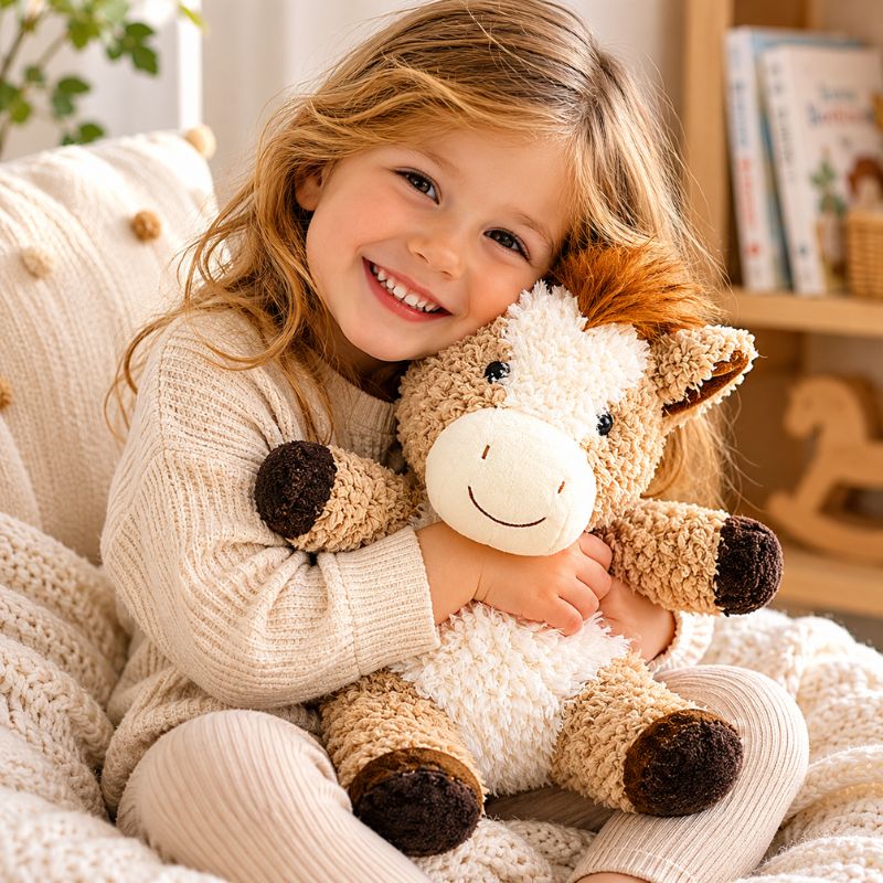 Child cuddling Curly Horse Soft Toy Brown 18cm by Love Shack Giftware, soft plush horse toy perfect for comfort and gifting