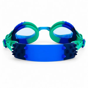 Back view of Dino Royal swim goggles showing adjustable dinosaur-themed silicone strap and secure fit