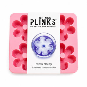 Drinks Plinks - Retro Daisy Pink Ice Cube Tray with a white paper label in the center reading 'DRINKS PLINKS' and 'retro daisy', shown on a white background.