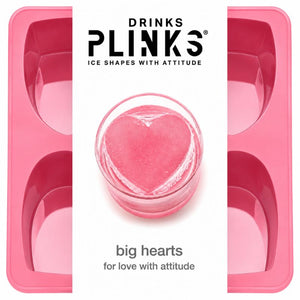 Drinks Plinks -Big Heart Pink Ice Cube Tray shown with a white vertical label in the center featuring the brand name 'DRINKS PLINKS' and a heart-shaped pink ice cube in a glass, with the text 'big hearts for love with attitude'.
