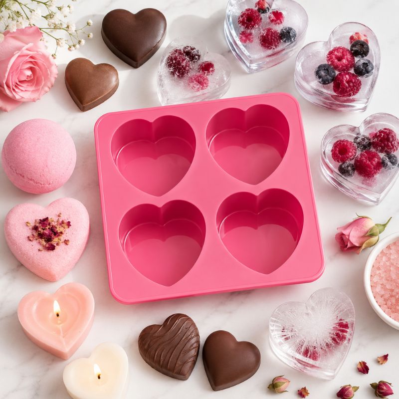 Drinks Plinks - Big Heart Pink Ice Cube Tray is arranged on a light marble surface, surrounded by heart-shaped treats and decorative elements including pink and brown chocolates, heart candles, rose petals, and clear heart-shaped ice pucks with berries.