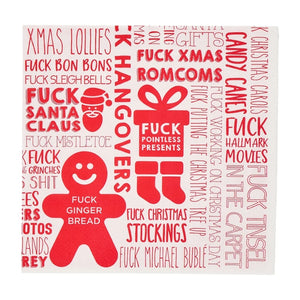 Close-up of F#ck Christmas paper napkin featuring red holiday phrases and illustrations