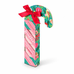 Festive Candy Cane Shower Steamers gift box with red ribbon on white background