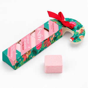 Annabel Trends Festive Candy Cane Shower Steamers 4pc gift box with pink steamer on white background