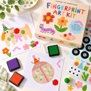 Journey of Something Fingerprint Art Kit contents with ink pads, stickers, stencils and activity pad