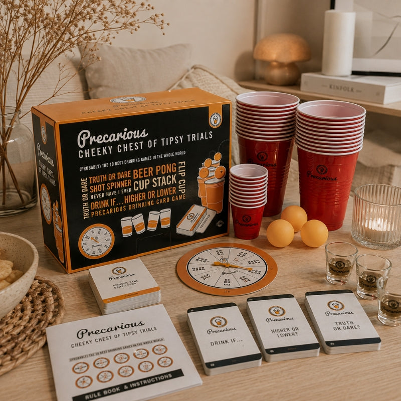 Precarious Cheeky Chest of Tipsy Trials party game set arranged on a wooden table, including the orange and black retail box, red and white cup stacks, drinking cards, a spinner wheel, and small glasses with drinks, in a styled indoor setting.