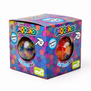 A boxed Gel Bead Multi Smooshos Ball on a plain white background. The packaging is colorful with a polka-dot pattern and two circular windows showing the gel beads inside.
