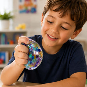 A young boy with brown hair smiles while squeezing a Gel Bead Multi Smooshos Ball. He is wearing a navy blue t-shirt and sitting at a table in a brightly lit room.