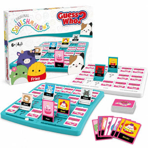 Guess Who? Original Squishmallows board game set with a turquoise game board, white player boards, character cards, and a deck of cards, shown with the retail box on a white background.