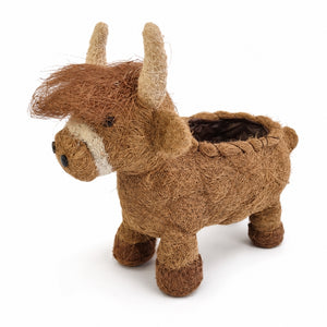 HUSK large Highland cow planter in brown coconut fibre with horns and open planting compartment