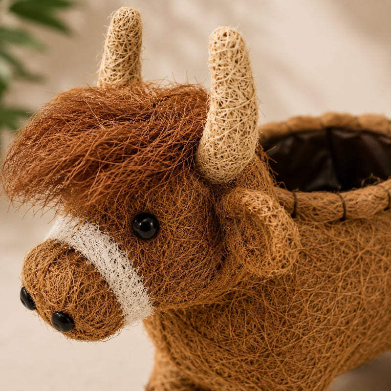 Close-up of large HUSK Highland cow planter showing coconut fibre texture, horns and shaggy fringe