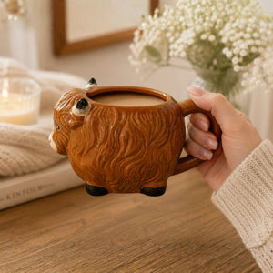 Hand holding a Highland Cow mug with a blurred indoor background-Loveshack Giftware