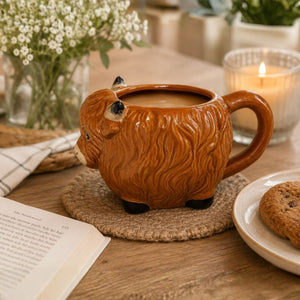 HIghland cow mug with a drink on a wooden table with a book and cookies.-Loveshack Giftware