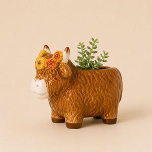 Ceramic cow planter with a plant on a beige background