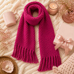 A hot pink chunky knit winter scarf, styled in a cozy flat-lay arrangement on a cream knit blanket with a mug, candle, gift box, and dried flowers.