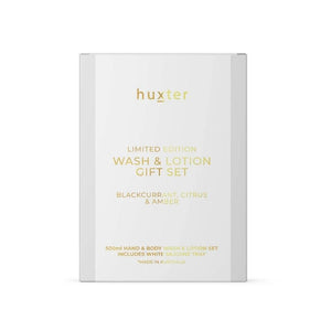 Huxter limited edition wash and lotion gift set packaging on a white background