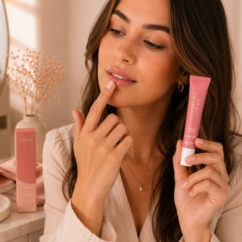 Woman applying Huxter Peach Nude Hydrating Lip Oil with fingertip