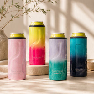 Five colorful can coolers with gradient designs on a wooden surface.