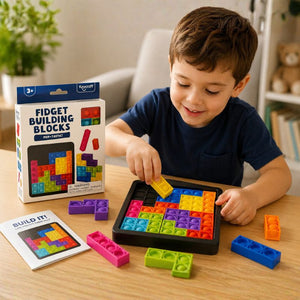 Child playing with colorful fidget building blocks on a table, with the toy packaging visible.