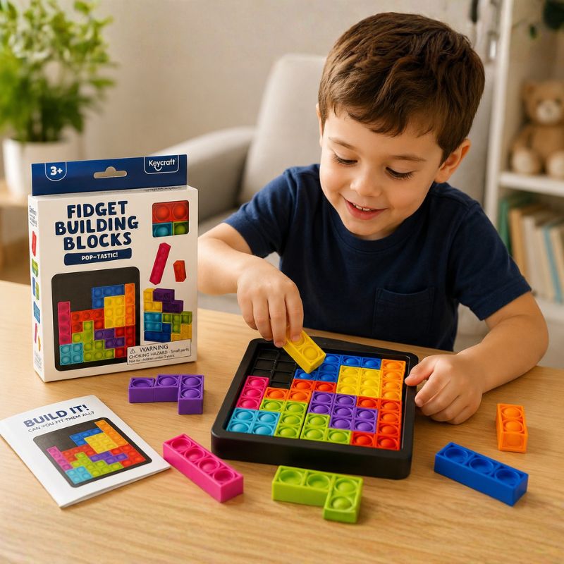 Child playing with colorful fidget building blocks on a table, with the toy packaging visible.