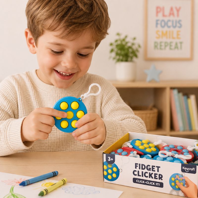 Child playing with a fidget clicker toy in a home setting