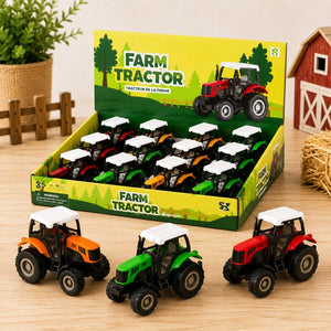 Display of toy farm tractors with a branded box on a wooden surface. - Loveshack Giftware
