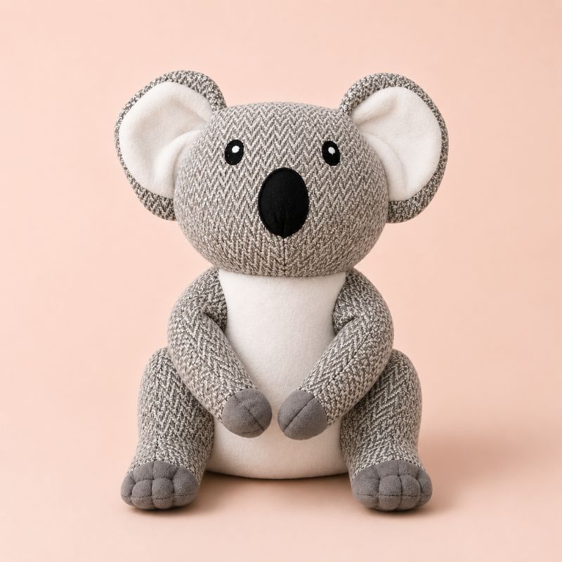 Stuffed koala door stopper toy with herringbone pattern on a pink background
