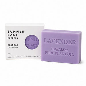 Lavender soap bar with packaging labeled 'Summer Salt Body' on a white background