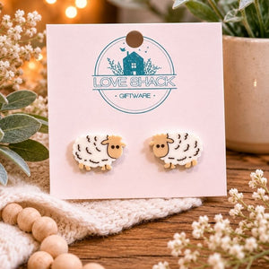 Adorable Mini Sheep Stud Earrings by Loveshack Giftware featuring cute white sheep designs on a branded display card.