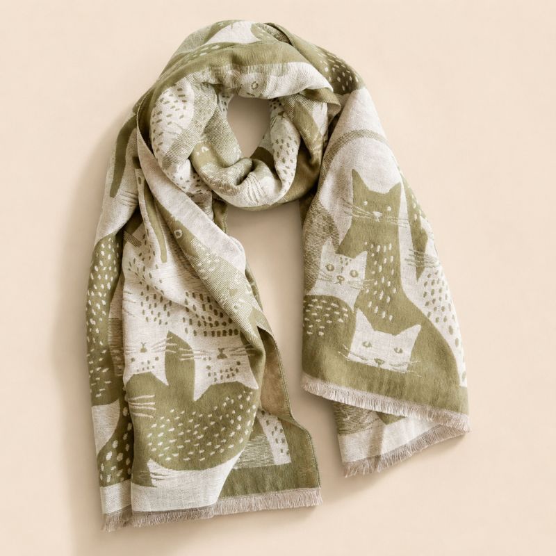 Moggy Cat Scarf Green 180cm in green and cream cat print design displayed on a beige background by Love Shack Giftware