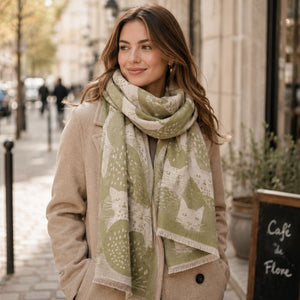 Moggy Cat Scarf Green 180cm worn by a woman in a beige coat on a city street by Love Shack Giftware