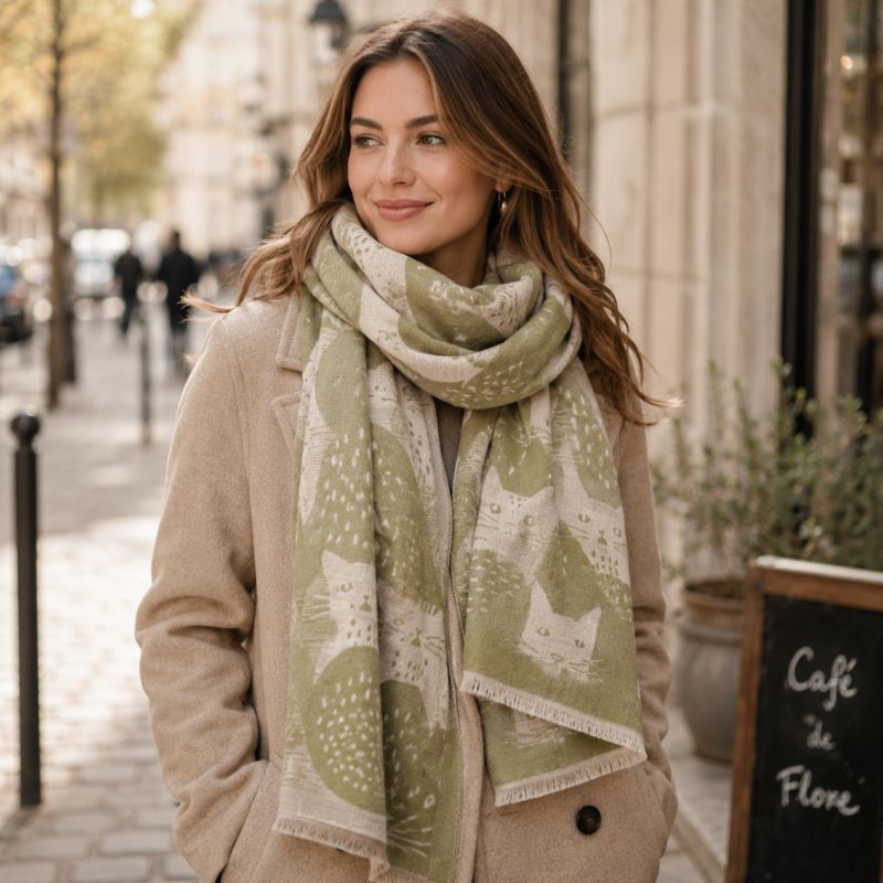 Moggy Cat Scarf Green 180cm worn by a woman in a beige coat on a city street by Love Shack Giftware