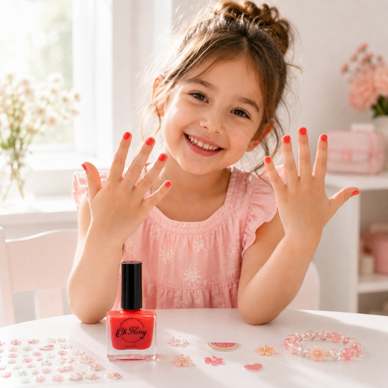 Young girl showing freshly painted watermelon red nails with Oh Flossy Kids Nail Polish