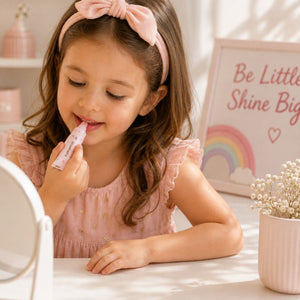 Child applying Oh Flossy Strawberry natural lip gloss at a pastel vanity