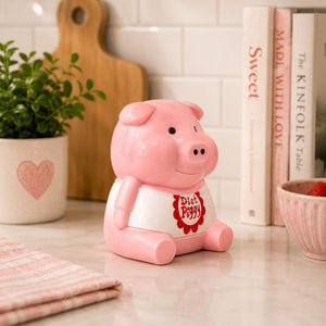 Pink piggy bank with 'Diet Piggy' text on a kitchen counter with books and a plant in the background.