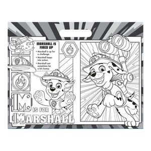 A black and white printable coloring page featuring the character Marshall from Paw Patrol in two panels with radiating line art, text reading 'MARSHALL IS FIRED UP' and 'M IS FOR MARSHALL', plus Paw Patrol-style badges and tools.