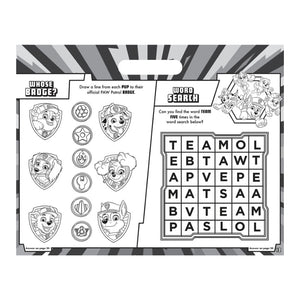 A Paw Patrol themed activity sheet or coloring page featuring character badges, a word search, and drawing instructions on a black and white background.