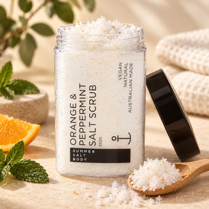 Open Orange and Peppermint Salt Scrub tub showing coarse exfoliating scrub texture